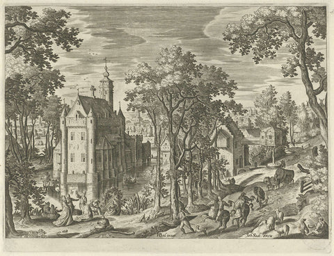 View of a castle with a moat, Johann Sadeler (I), 1560 - 1600 Canvas Print