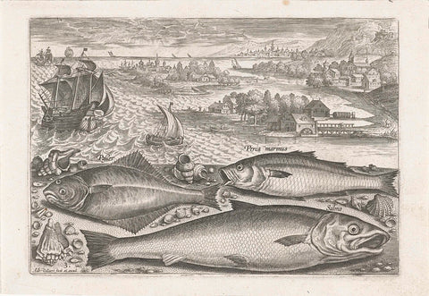 Three fish on the beach, Adriaen Collaert, after 1598 - 1618 Canvas Print