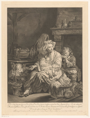 Interior with a mother and her three children, Laurent Cars, c. 1764 Canvas Print