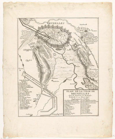 Map with the French theses from which the city of Brussels was bombed, 1695, anonymous, 1695 Canvas Print