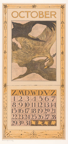 Calendar sheet October with three birds, Theo van Hoytema, 1904 Canvas Print