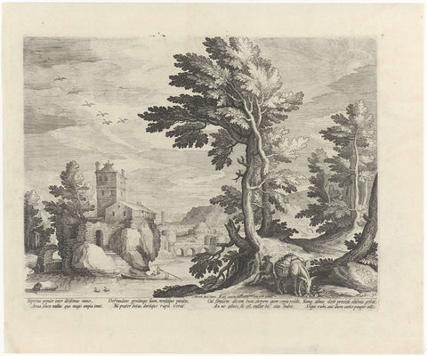 Landscape with the emblem of the donkey laden with delicacies, Raphaël Sadeler (I), 1598 - 1599 Canvas Print