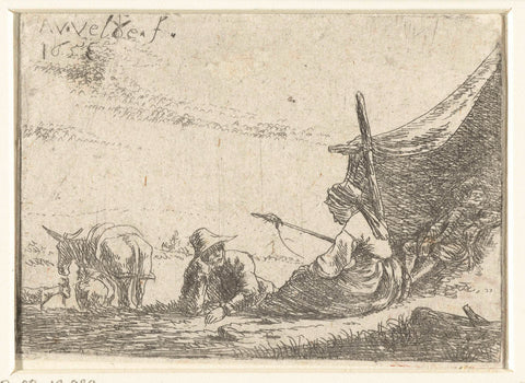 Purring woman with two men at a tent, Adriaen van de Velde, 1653 Canvas Print