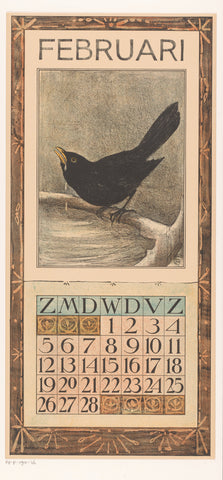 Calendar sheet February with blackbird, Theo van Hoytema, 1904 Canvas Print