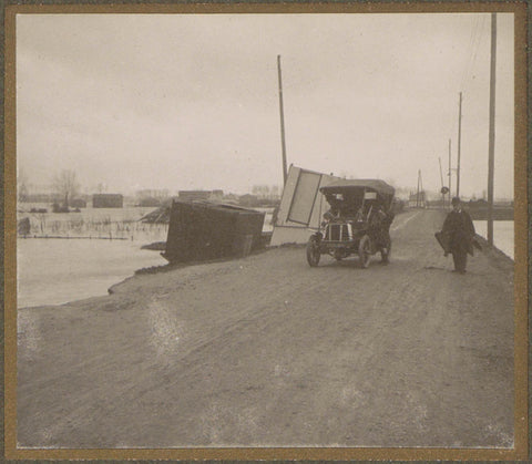 Car and a pedestrian on a road surrounded by water in a suburb of Paris, G. Dangereux, 1910 Canvas Print