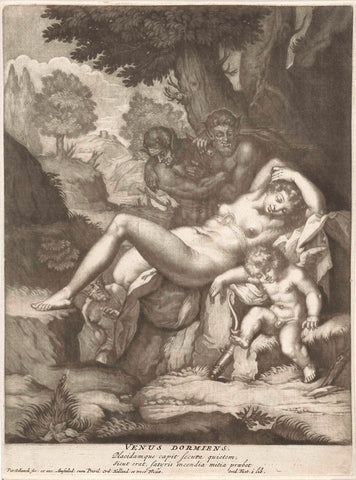 Venus and Amor spied on by satyrs, Pieter Schenk (I), 1670 - 1713 Canvas Print