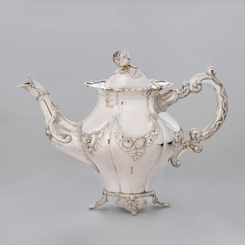 Teapot of silver, six-lobed body on four legs in the shape of curved branches. S-shaped curved spout, C-shaped curved ear., J. Land, 1862 Canvas Print