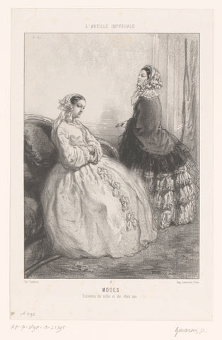 Two ladies in toilettes de ville and fashion for home, Paul Gavarni, 1855 Canvas Print