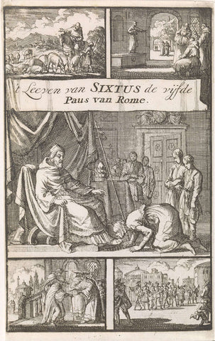 Camilla, the sister of Pope Sixtus V, kisses kneeling his foot, Jan Luyken, 1697 Canvas Print