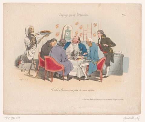 Group of men is served a meal by Death, Jean Ignace Isidore Gérard Grandville, 1830 Canvas Print