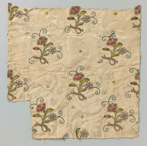 Fragment silk damask with embroidered flower branches, , c. 1690 - c. 1700 Canvas Print