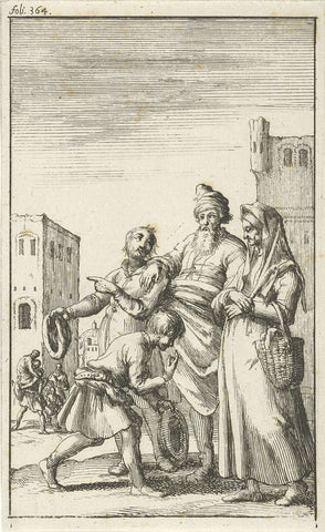 Jongeman takes off his hat to greet an elderly couple, Jan Luyken, 1685 Canvas Print