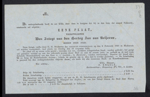 Announcement of the issue of the series of prints of the masquerade by students of the Leiden University of Applied Sciences, 1840, Pieter Engels, 1839 - 1840 Canvas Print