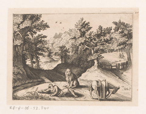 Fallen rider and lion on a forest road, anonymous, Matthäus Merian (I), after 1620 Canvas Print