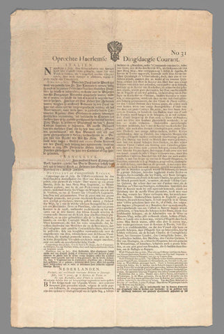 Sincere Haerlemse Courant (no. 31) of Tuesday 2 August 1667 with an account of the Journey to Chatham, Abraham Casteleyn, 1667 Canvas Print