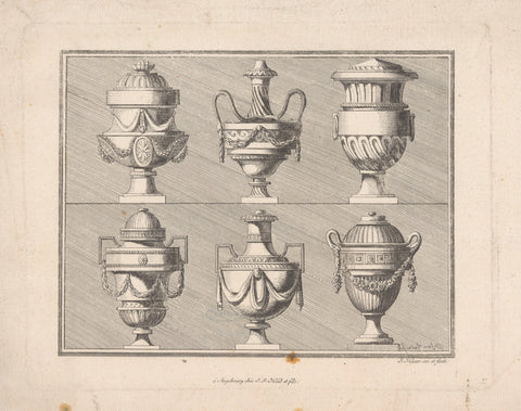 Six ornamental vases, Johann Thomas Hauer, 1785 - 1786 Canvas Print