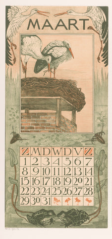 Calendar sheet March with storks, Theo van Hoytema, 1902 Canvas Print