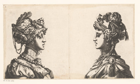 Two woman busts with masks and fantasy head covering, René Boyvin (workshop or), 1535 - 1598 Canvas Print