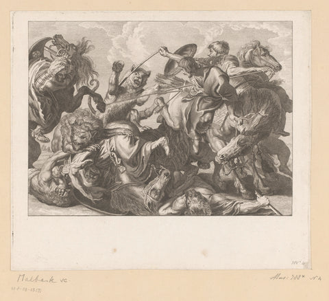 Horseback riders in battle with lions, Georges Malbeste, in or before 1772 Canvas Print