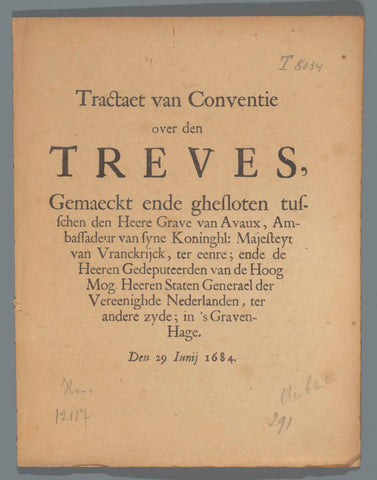 Tractaet of Convention on the Treves, Gemaeckt and the closed between the Lord's Grave of Avaux (...) and the (...) States Generael (...), , 1684 Canvas Print