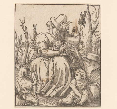 Sleeping woman with child, dogs and a rooster, anonymous, Jost Amman, 1580 Canvas Print