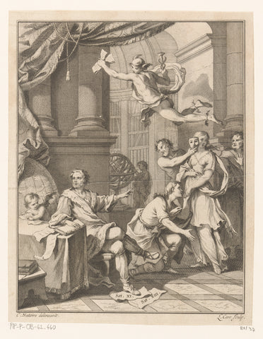 Writer seated at a table, pointing to a group of mythological figures, Laurent Cars, 1733 Canvas Print