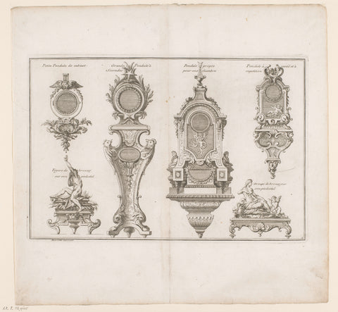 Four mantel clocks and two bronzes, André-Charles Boulle, c. 1710 - c. 1720 Canvas Print