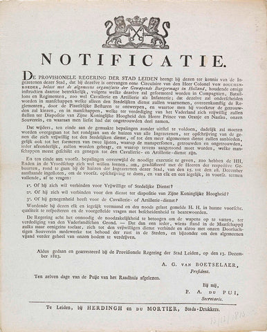 Notification on the organization of the Armed Civil Power in Holland, 1813, Herdingh and Du Mortier, 1813 Canvas Print