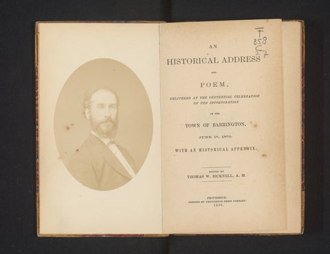 An historical address and poem, delivered at the centennial celebration of the incorporation of the town of Barrington, June 17, 1870 : with an historical appendix, Thomas W. Bricknell, 1870 Canvas Print