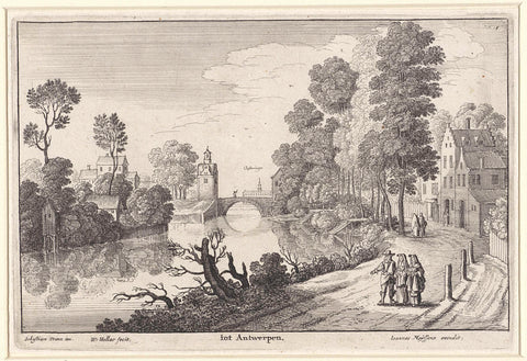 Walking figures along a river near Antwerp, Wenceslaus Hollar, 1651 - 1670 Canvas Print