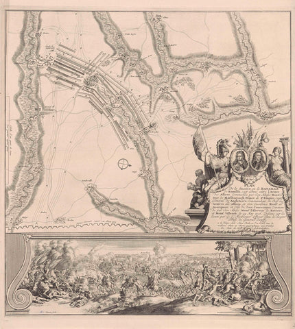 Map and illustration of the Battle of Ramillies, 1706, Jan van Vianen, 1706 - 1708 Canvas Print