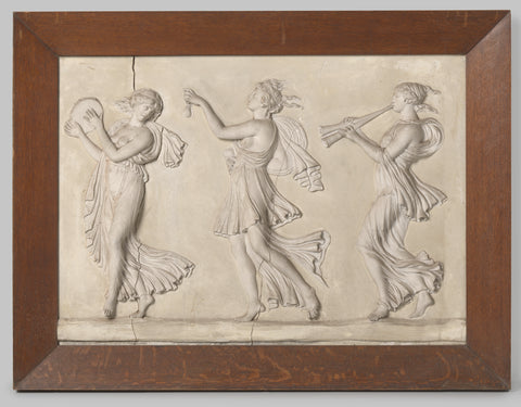 Dessus-de-porte in plaster with three dancing and music-making female figures in relief. Oak frame, anonymous, 1800 Canvas Print