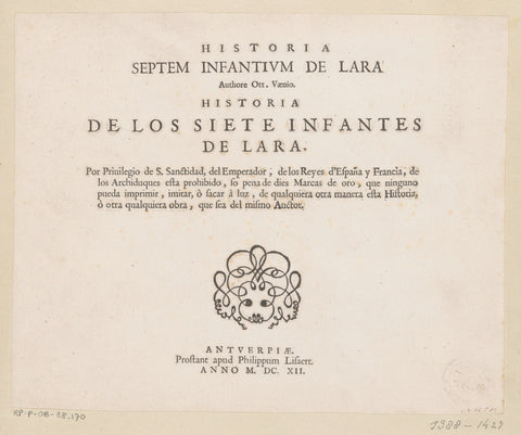 Title print for a series of scenes from the story of lara's seven infants, anonymous (possibly), 1612 Canvas Print