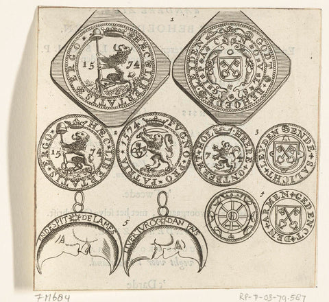 Emergency coins and geuzenpenningen from siege of Leiden, 1574, anonymous, 1700 - 1799 Canvas Print