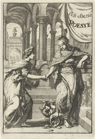 Apollo shakes the hand of a young woman, Jan Luyken, 1694 Canvas Print