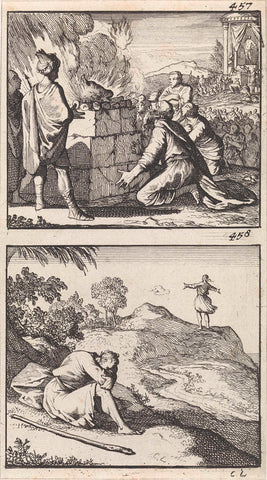 Sacrifice of Elijah digested by fire / Elijah's servant sees a small cloud of rain, Caspar Luyken, 1698 Canvas Print