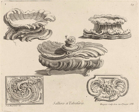 Designs for three salt vessels and two snuff boxes, Gabriel Huquier, Juste Aurèle Meissonnier, 1738 - 1749 Canvas Print