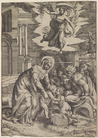 Holy Family with the young John the Baptist and an angel, Giulio Bonasone, 1501 - 1580 Canvas Print