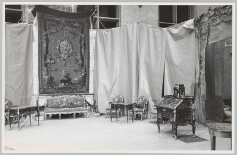 Various objects including tapestry, canapé, armchairs and writing desk, against background of cloth or paper, 1957 Canvas Print