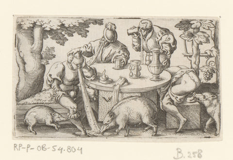 Four drunks at a table with three boars, Virgilius Solis, 1524 - 1562 Canvas Print