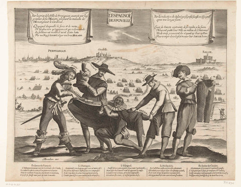 Cartoon of the Spaniards after the loss of Breda, Thionville, Perpignan, Portugal and Catalonia, 1643, anonymous, 1643 Canvas Print