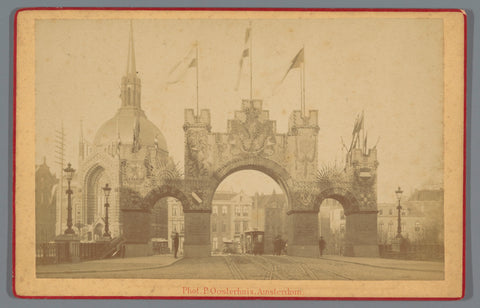 Honorary gate in front of the Leidsebrug on the occasion of the seventieth birthday of King William III, seen towards the Stadhouderskade, Amsterdam, April 1887, Gustaaf Oosterhuis, 1887 Canvas Print