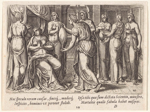 The bride gets the mirror of Science offered, Johannes Wierix (possibly), 1574 Canvas Print