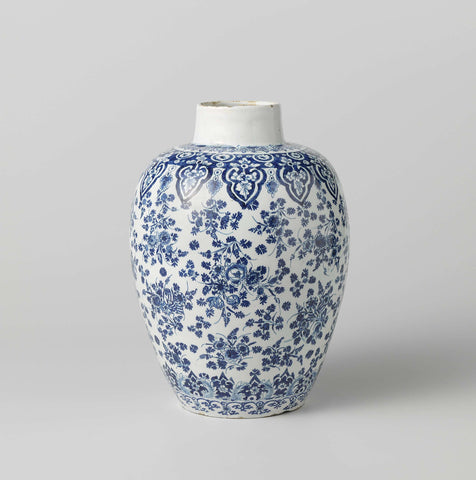 Vase or lidded jar, blue white glazed with sprinkled floral pattern, De Metaale Pot, 1691 - 1724 Canvas Print