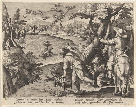 Hunting crows and starlings, Jan Collaert (II), 1594 - 1598 Canvas Print