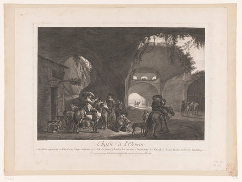 Cave with ruins and resting jagers, Jean Daullé, 1761 Canvas Print