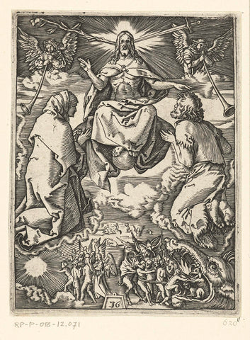 Last judgment with Christ throned in heaven on globe while blessing Mary and John, Marcantonio Raimondi, 1510 - 1515 Canvas Print