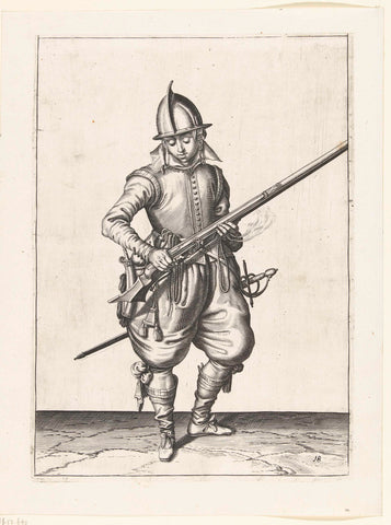 Soldier shaking gunpowder from his rudder, Jacob de Gheyn (II) (workshop or), 1597 - 1607 Canvas Print