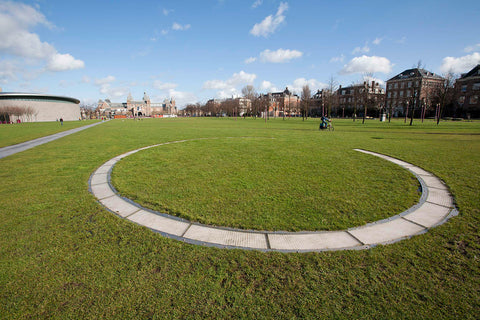 Museumplein with in the distance the Main Building with the logo I AMSTERDAM, in the foreground light strips, 2007 Canvas Print