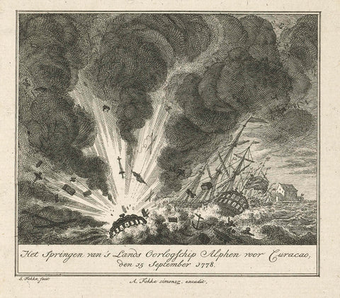 The exploding of the Dutch warship Alphen for Curacao, 1778, Simon Fokke, 1778 - 1780 Canvas Print